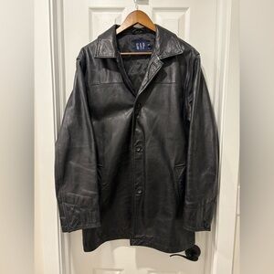Vintage GAP Men's Black Leather Jacket 2001 Y2K medium button up coat heavy